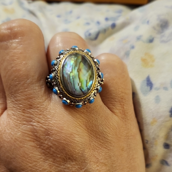 Silver Ring with Abalone and Blue Accents - Picture 1 of 6